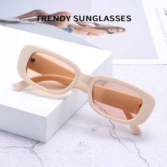 Trendy Rectangle Black Beige Sunglasses Women Men Retro Square Fashion Shades - Picture 4 of 5